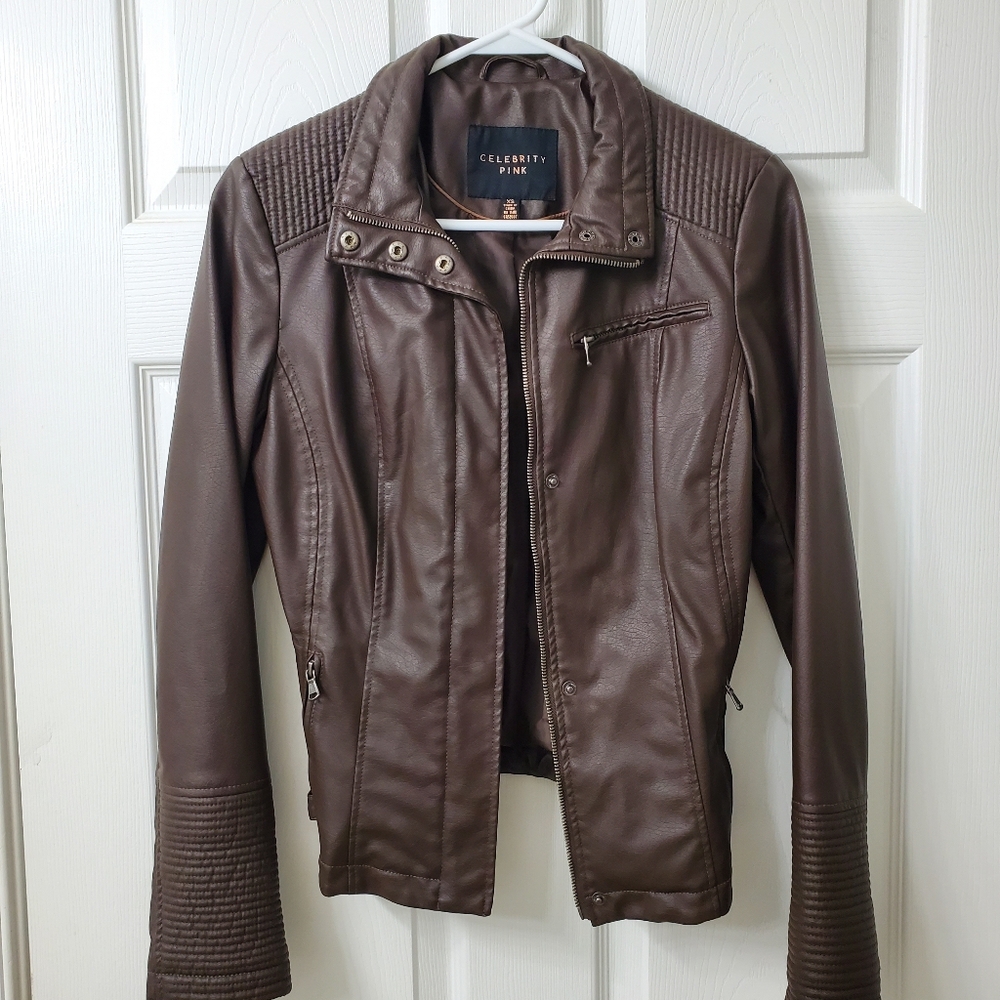 Celebrity Pink Women's Chocolate Brown Faux Leather Jacket XS
